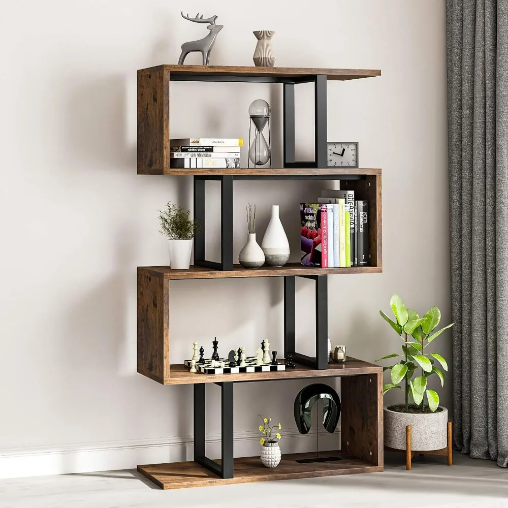 5-Tier Bookshelf, S-Shaped Z-Shelf Bookshelves and Bookcase, Industrial Freestanding Multifunctional Decorative Storage Shelving