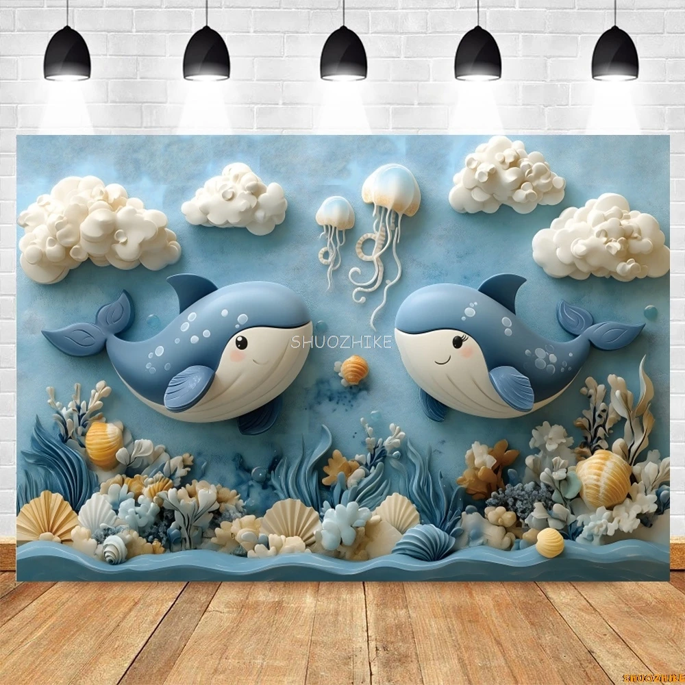 Fantasy Underwater World Photography Backdrop Ocean Dolphin Whale Arch Balloon Baby Shower Birthday Party Photo Background Decor