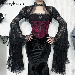 Court Style Vintage Lace Mall Gothic Crop Top Shrug Bolero Grunge Long Flare Sleeve Blouse Female Black Emo Alternative Cover Up