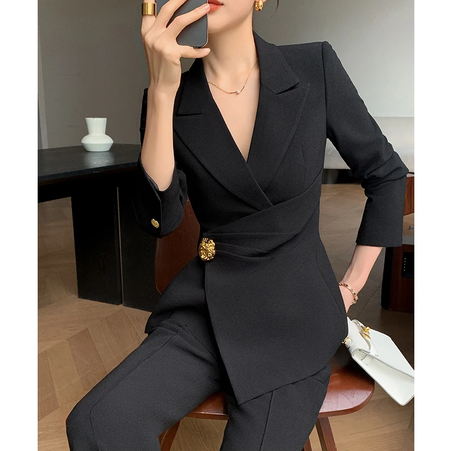 ZJYT Business Chic Blazer Pants Suits 2 Piece Matching Set Women Conjunto Para Mujeres Work Wear Trousers Sets Black Outfit