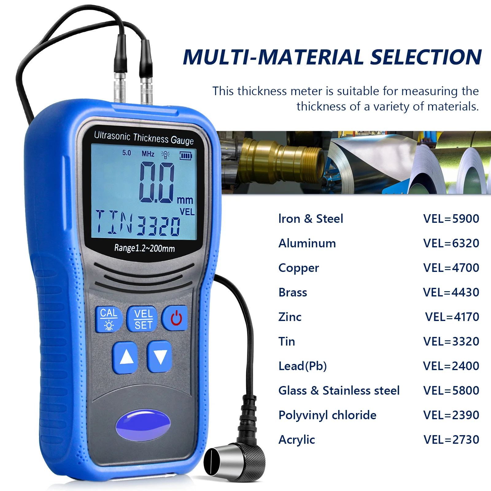 Ultrasonic Thickness Gauge For Cars Metal Meters Paint Thickness Tester Measurement 1.2-200mm Suitable For Various Materials