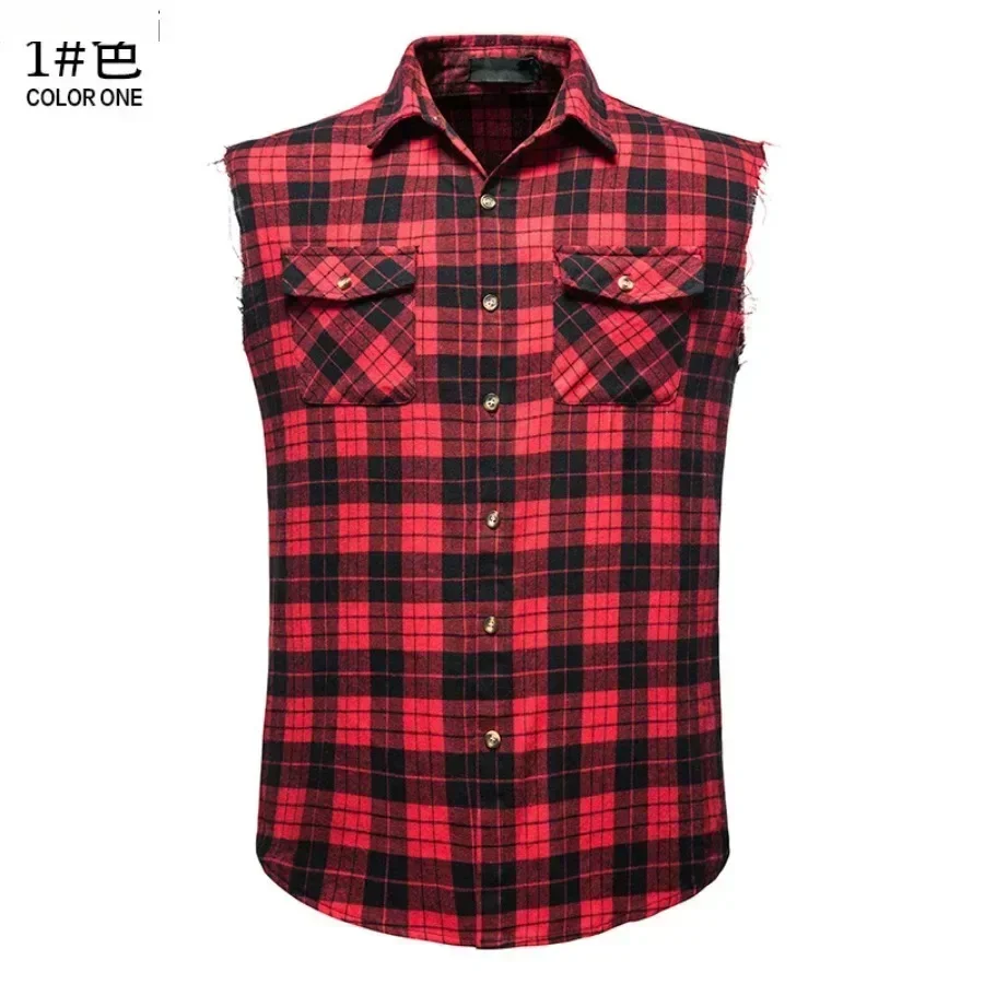 Men's Plaid Sleeveless Vests Turn-down Collar Shirts Vest Casual Single-breasted Plaid Tank Top Outdoor Sport Vests for Men