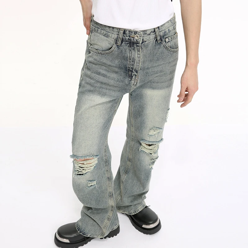 LUZHEN 2024 Holle Patched Ontwerp Gewassen Denim Broek Gepersonaliseerde Stijlvolle Straat Hoge Vintage Mannen Rechte Jeans Originele LZ7529