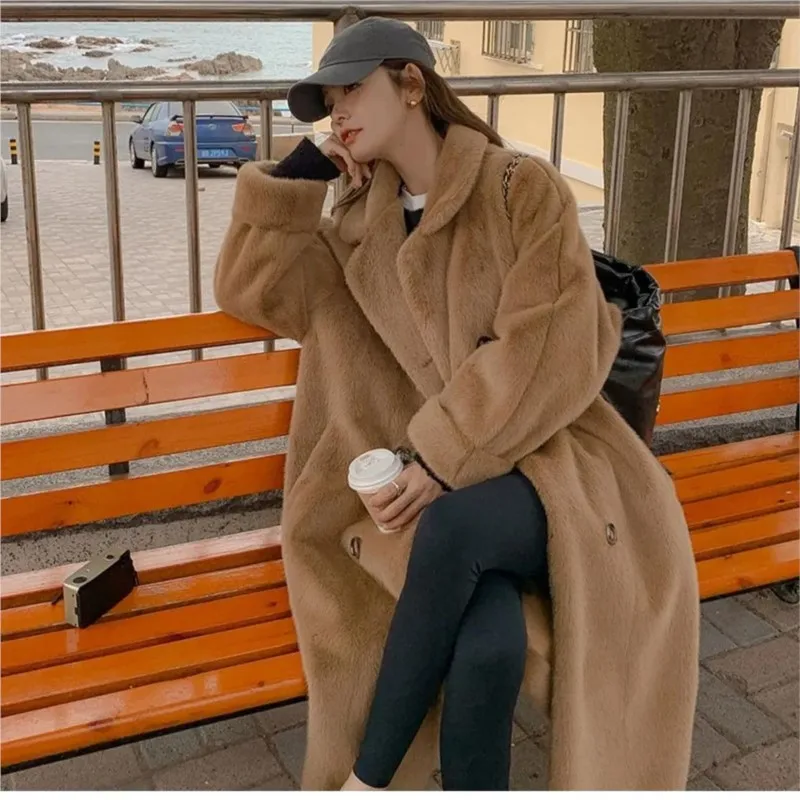 

Long loose and thickened fur one-piece suit collar mixed coat for women light style