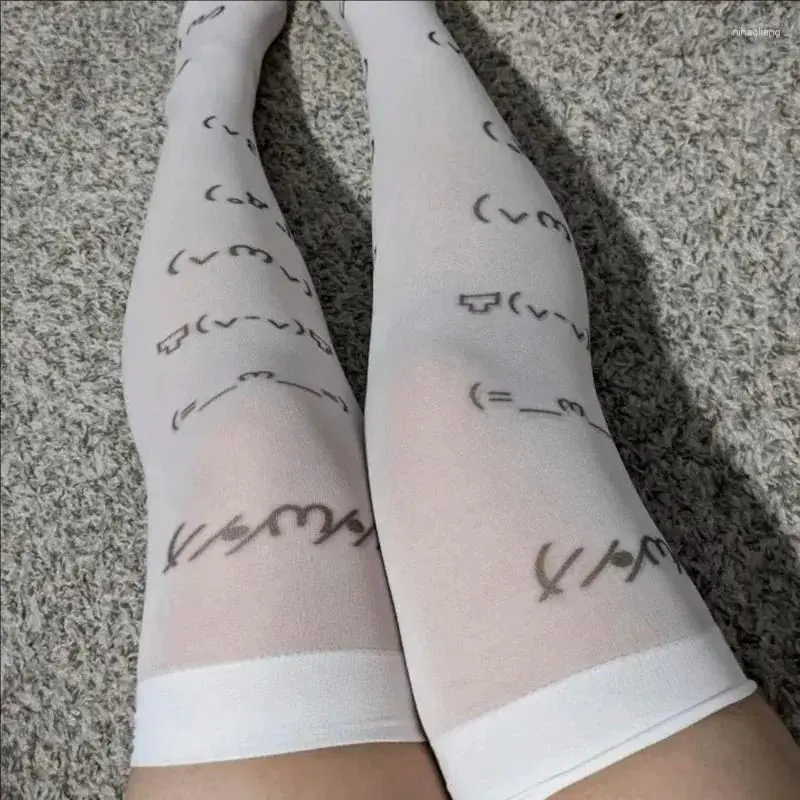 White Kawaii Expression Graffiti Letter Print Long Socks Tight Harajuku Over Knee Thigh High Stockings Y2K Cosplay Cute Socks