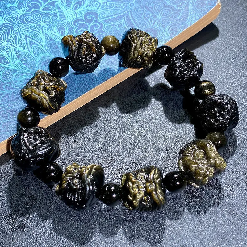 

Браслет из натурального золота с бусинами пробуждения льва из черного обсидиана