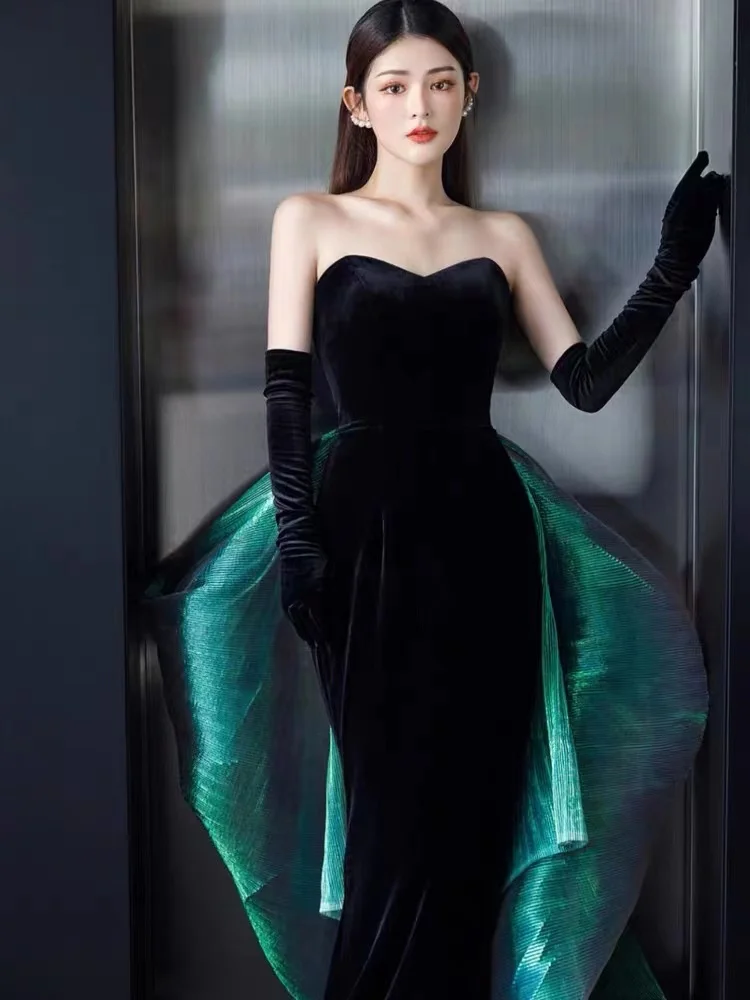 

Vintage Black Mermaid Velvet Evening Dress Tube Top Sweetheart Sleeveless Floor Length Formal Party For Women Vestidos De Fiesta