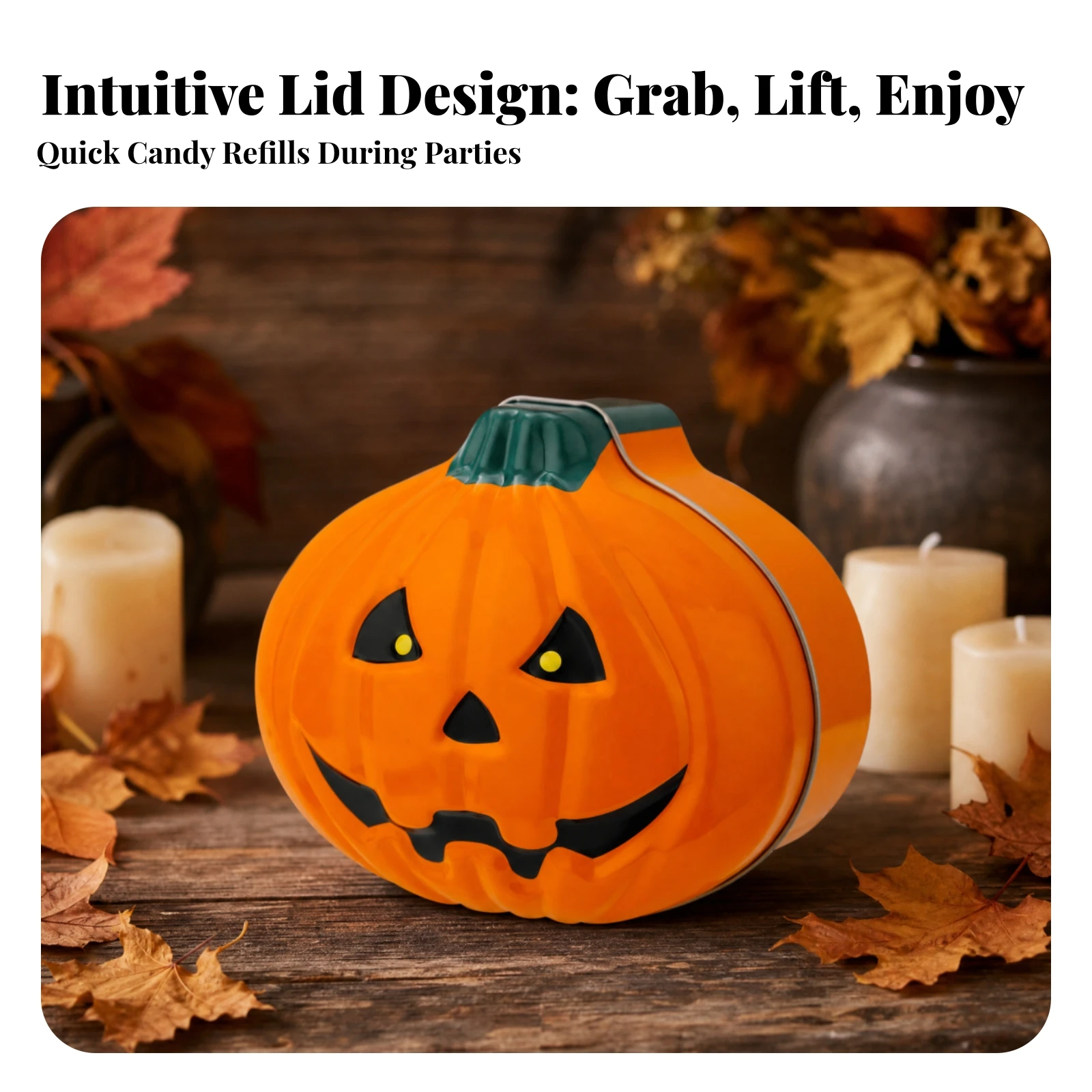 3D Jack-O'-Lantern Tin Canister Metal Pumpkin-Shaped Candy Tin with Lid Pumpkin Treat Holder Lidded Storage Container Festive