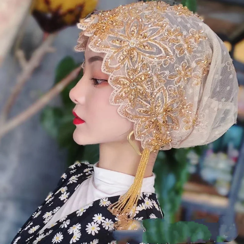 

Tassel Lace Cap Embroidery Bonnet Beads Mesh Beanies Women Muslim Hijab Islam Headscarf Wedding Party Head Wrap Hair Loss Hat