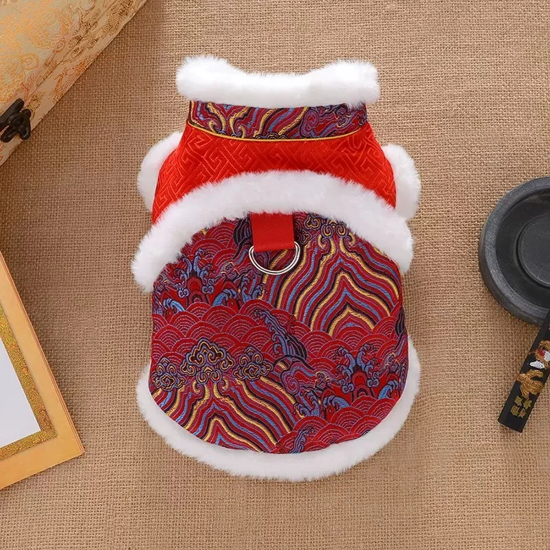 Dog Clothing Winter Plush And Thick Teddy Festive Tang Suit Cotton Vest Cat Cotton Suit