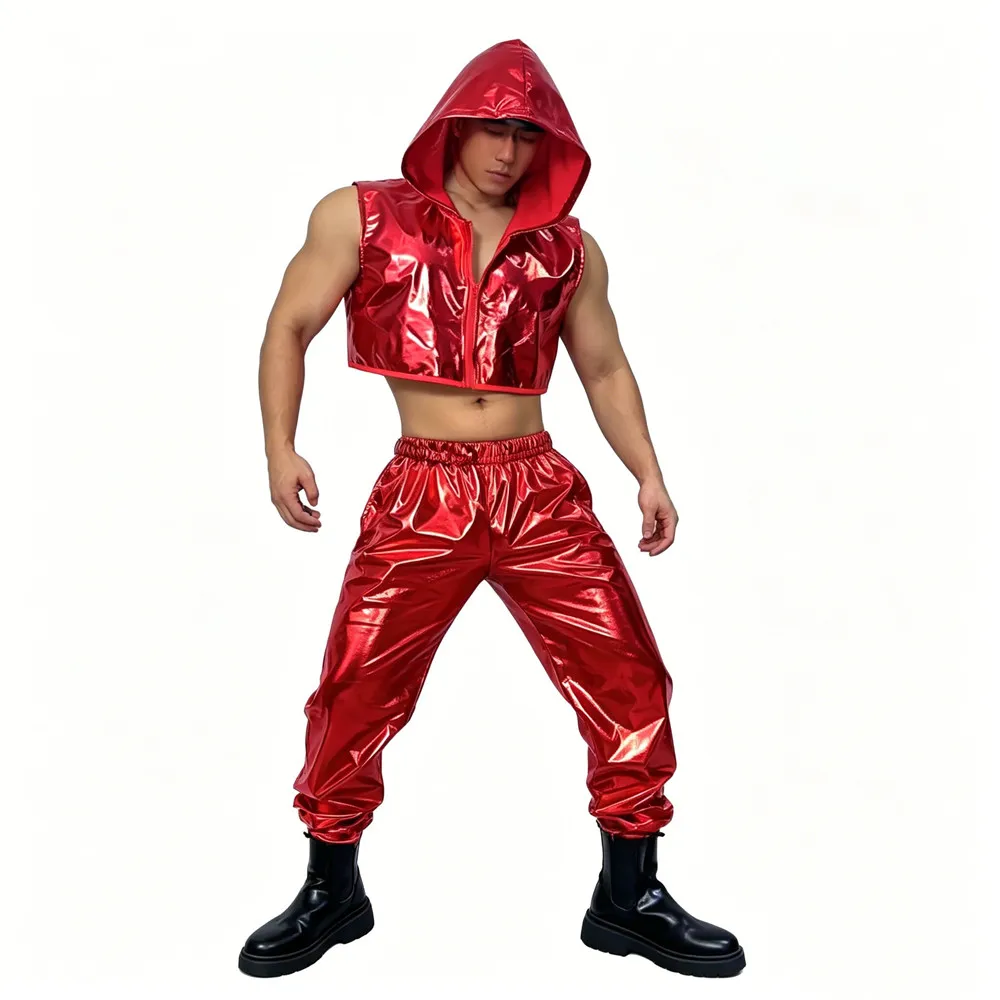 

Male Nightclub Carnival Party Show Festival Rave Outfit Dancer Team Singer Performance Stage Costume Red Hooded Vest Pants Set