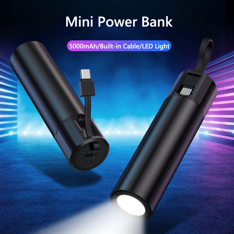 

5000 мАч Power Bank из сплава со встроенным кабелем, светодиодный фонарик, портативный аккумулятор, мини-Powerbank для iPhone 16, Samsung, Xiaomi, Huawei