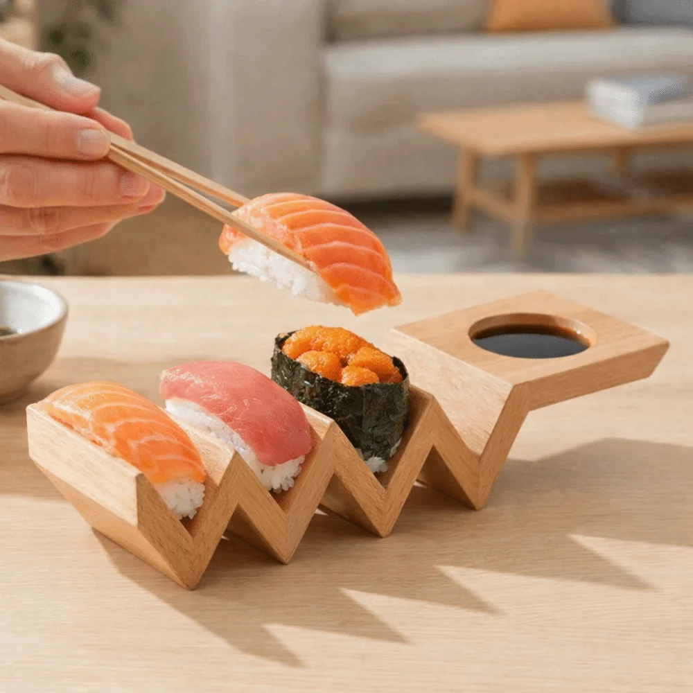 

Versatile V-shaped Wooden Sushi Rack Sturdy Japanese Style Taco Plate Handmade Sushi Holder Catering