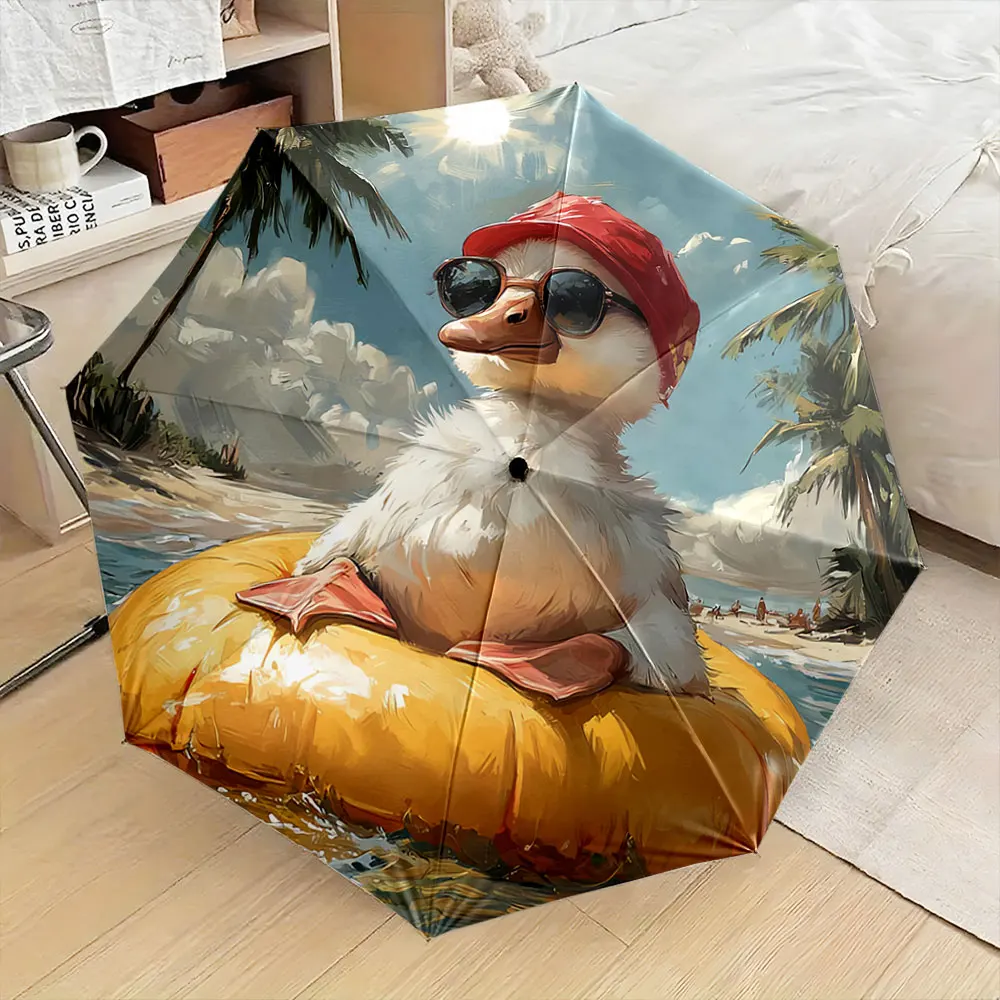 Duck in Sunglasses on Float, Tropical Beach Scene Umbrella Design Compact Fashion Folding Umbrella for Daily Use, Gift