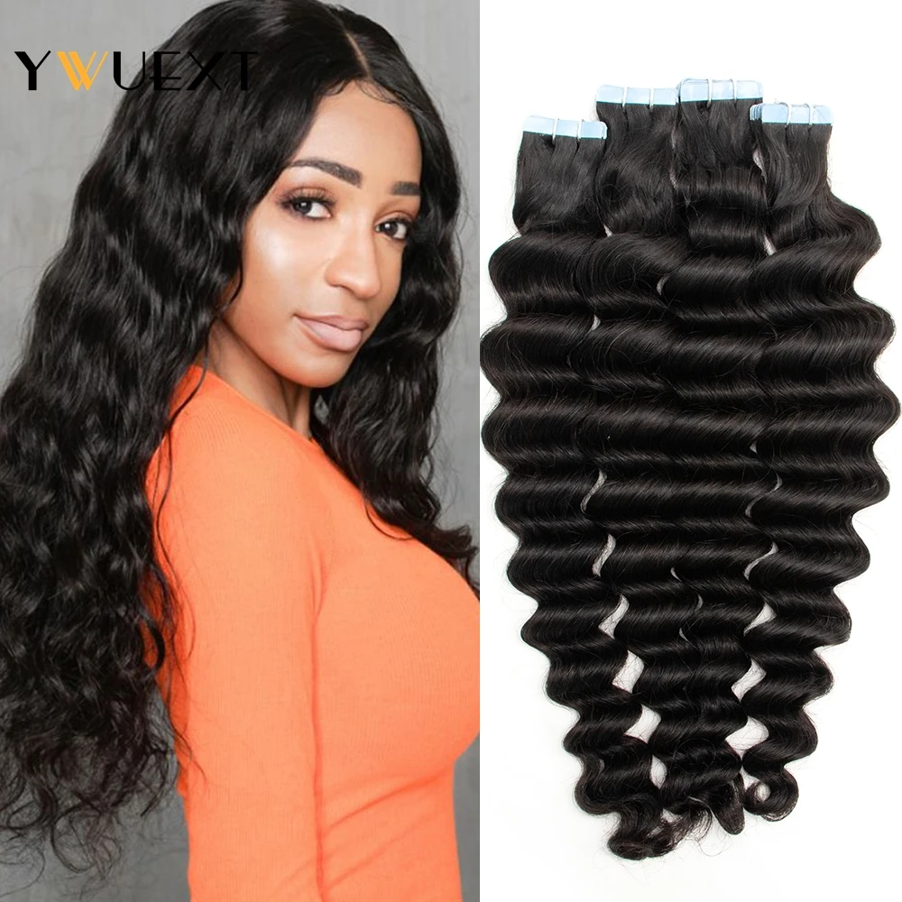 YWUEXT Deep Wave Tape In Hair Extensions 12" -26" Invisible Tape Human Hair Remy Real Human Hair For Women