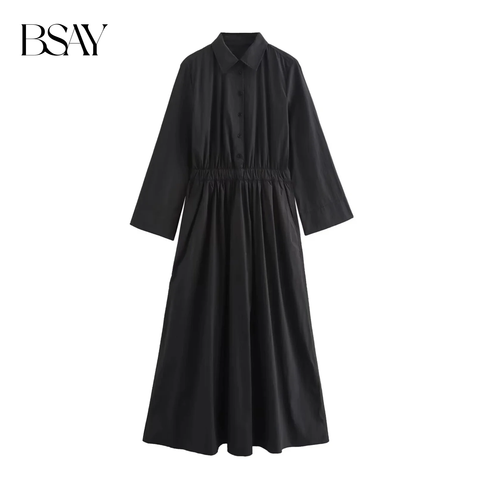 BSAY Damesmode Nieuwe Plooien Lange Mouwen Single Breasted Revers Vintage Shirt Stijl Jurk Frankrijk Chic Vrouwelijke Avond Mujer