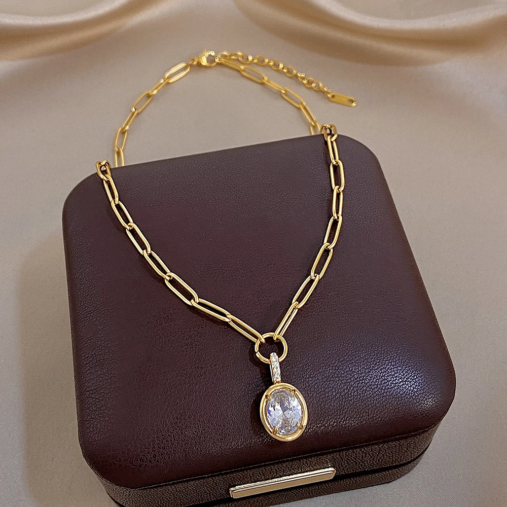Freetry Classic Oval Zircon Pendant Stainless Steel Necklace for Women Chunky Golden Waterproof Necklace Lady Charm Jewelry Gift