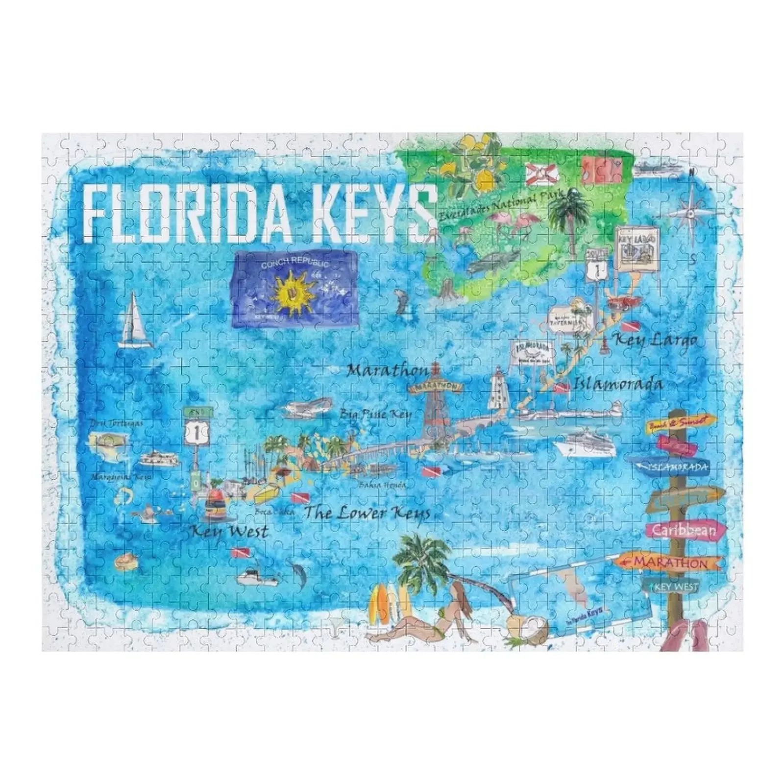 

Florida Keys Key West Marathon Key Largo Illustrated Travel Poster Favorite Map 2nd Signpost Edition Jigsaw Puzzle