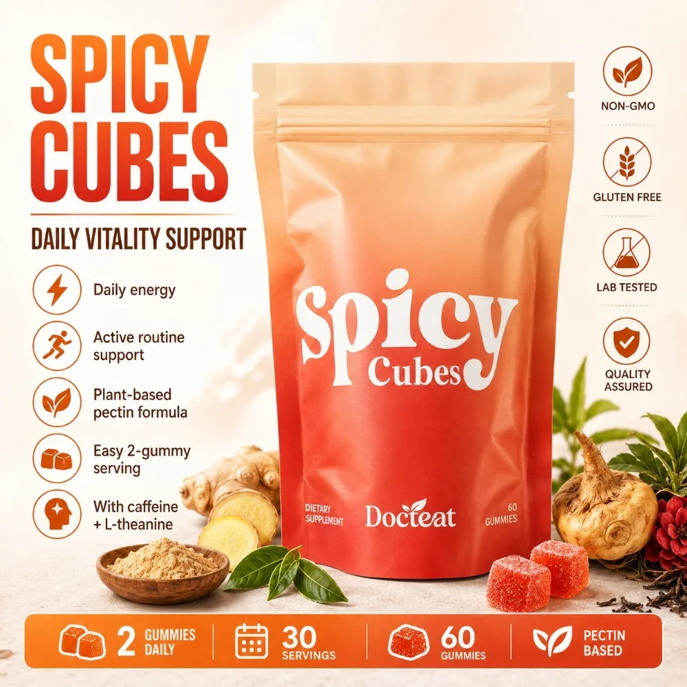 Docteat Spicy Cubes Gummies 60 Count Green Tea Caffeine L-Theanine Maca Ginger Herbal Blend Daily Vitality Wellness Supplement