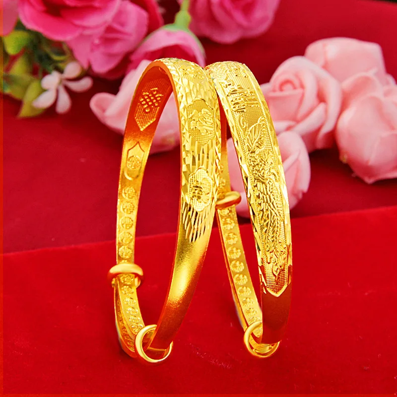 Adjustable Push-Pull Dragon & Phoenix Hundred Blessings Push-Pull Bangle For Women 24K Gold AU999 | Free size, easy to wear