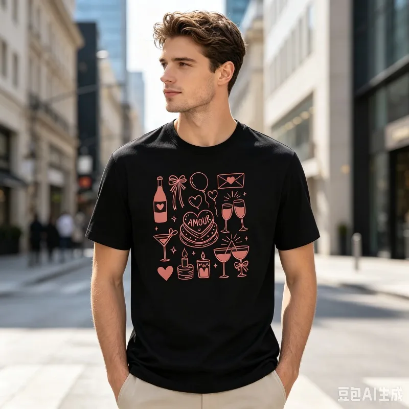 AMOUR Love Party T-Shirt for Men Red Hand Drawn Heart Wine Cake Print Casual Streetwear Short Sleeve Tee