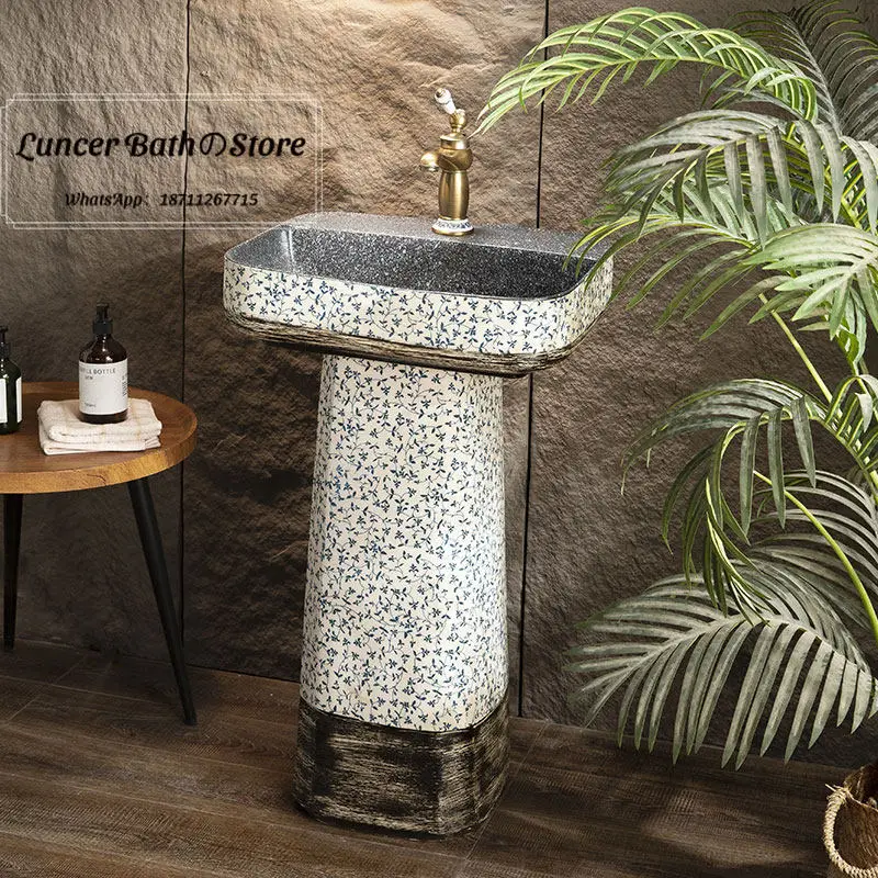 Art Blue White Porcelain Pedestal Sink, Modern Vertical Hand Wash Basin for Outdoor, Courtyard, Garden, Home Wash Station