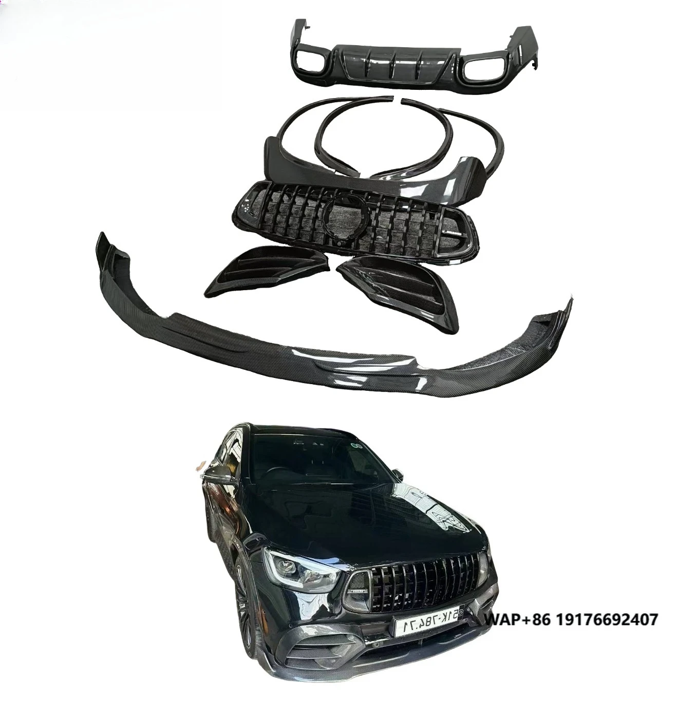 طقم هيكل من ألياف الكربون Runde لسيارة MercedesBenz GLC63 SUV كوبيه 20-22 ترقية برابو الجبهة الشفة الخلفية الناشر عجلة الحواجب مصبغة #1