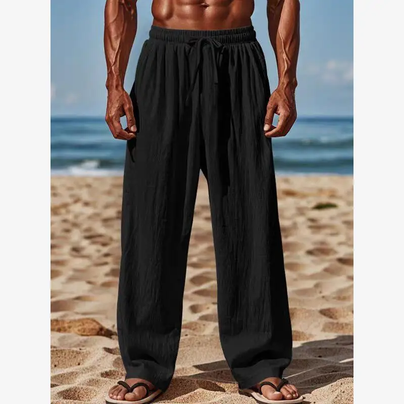 بنطال رجالي كاجوال من القطن والكتان فضفاض مستقيم الساق بطول الأرض يسمح بمرور الهواء ومريح ملابس رياضية عصرية بقطع مستقيمة