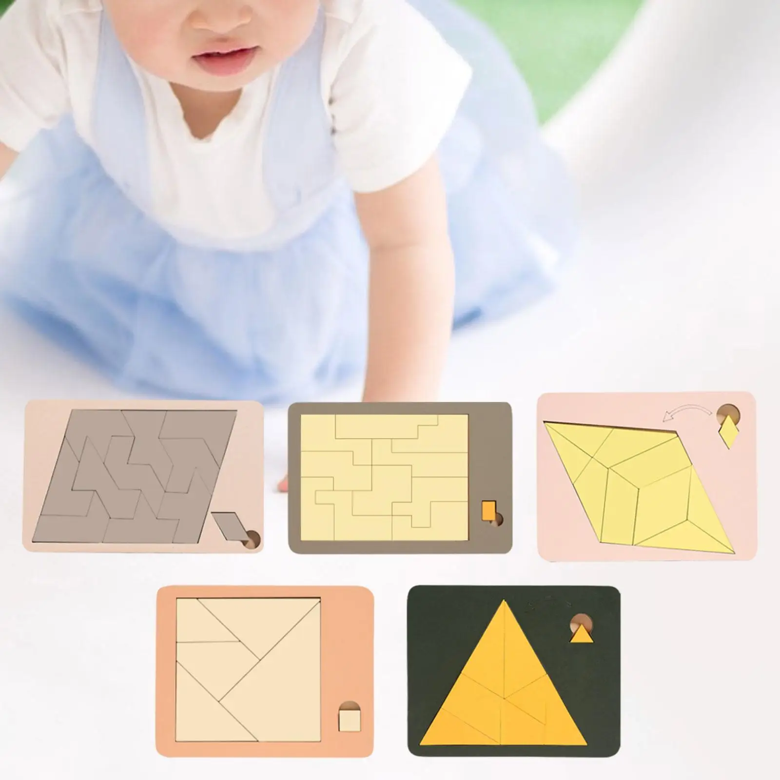 5 Pieces Geometric Brain Teaser Toys Wooden Tangrams Set Classic Shape Jigsaw Puzzles Montessori Toys for Children Girls Boys