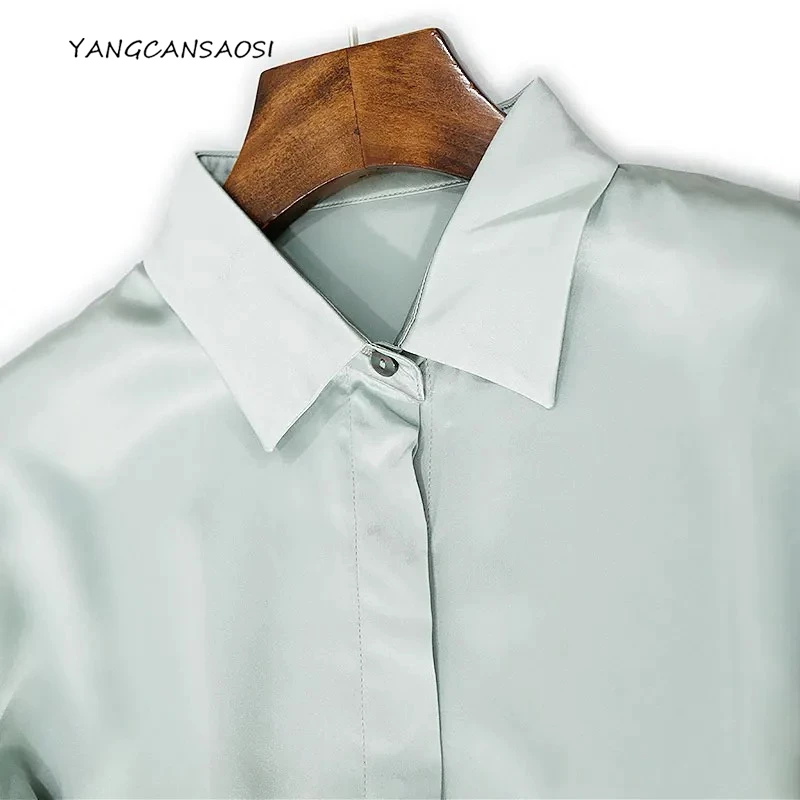 

Natural Mulberry Silk Heavyweight Satin Lapel Long Sleeved with Waistband Solid Color Blue Exquisite Elegant Women Autumn Dress