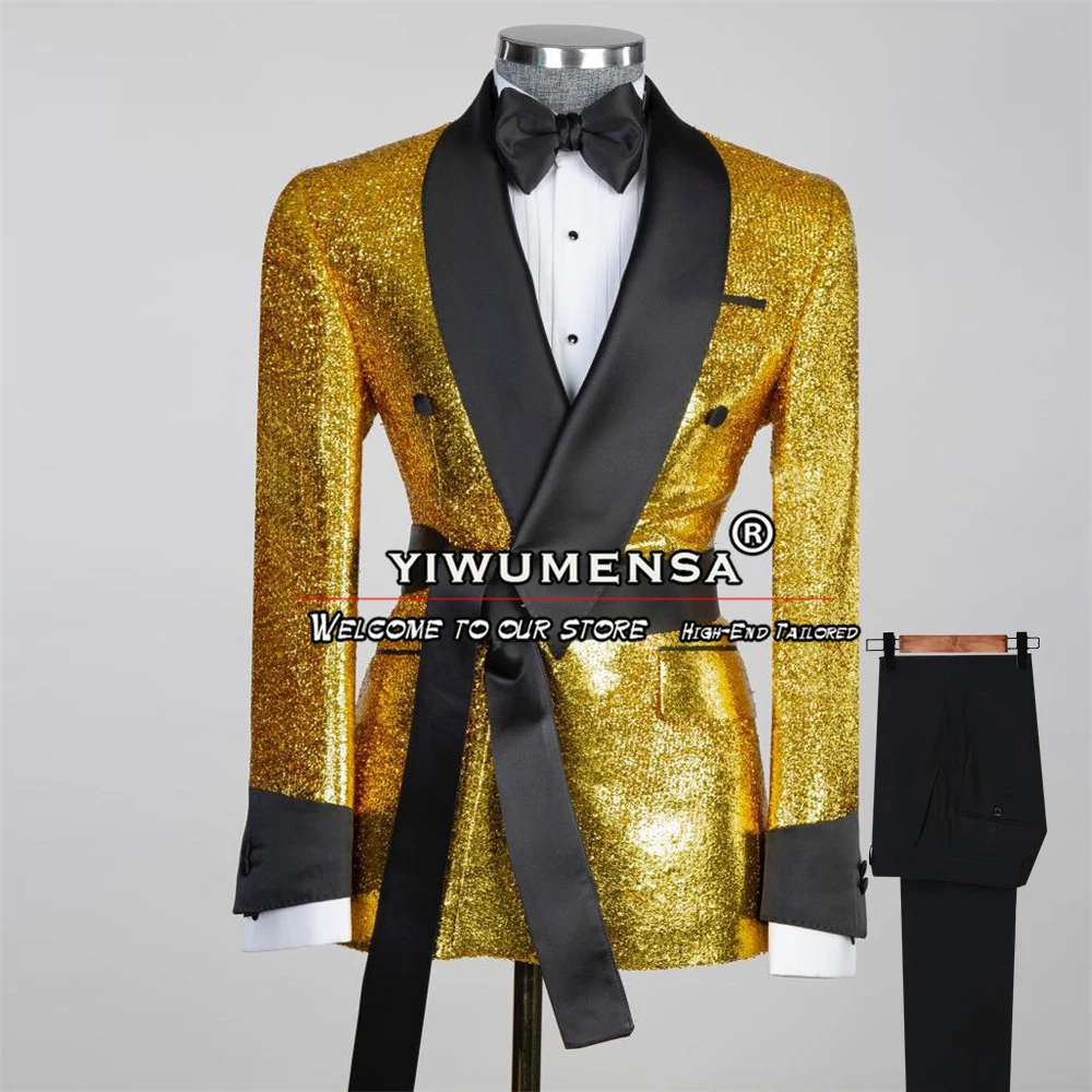 Elegance Groom Wedding Tuxedos Sparkly Lurex Gold Jacket With Black Solid Pants Customized Men's Suits Banquet Prom Party Coat