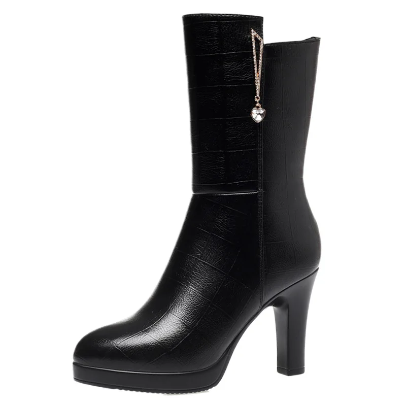 7cm 9cm Fashion Comfortable Soft Leather Boots Platform Shoes Winter 2025 Mid Calf Block High Heels Fur Plush Boots Office Mom