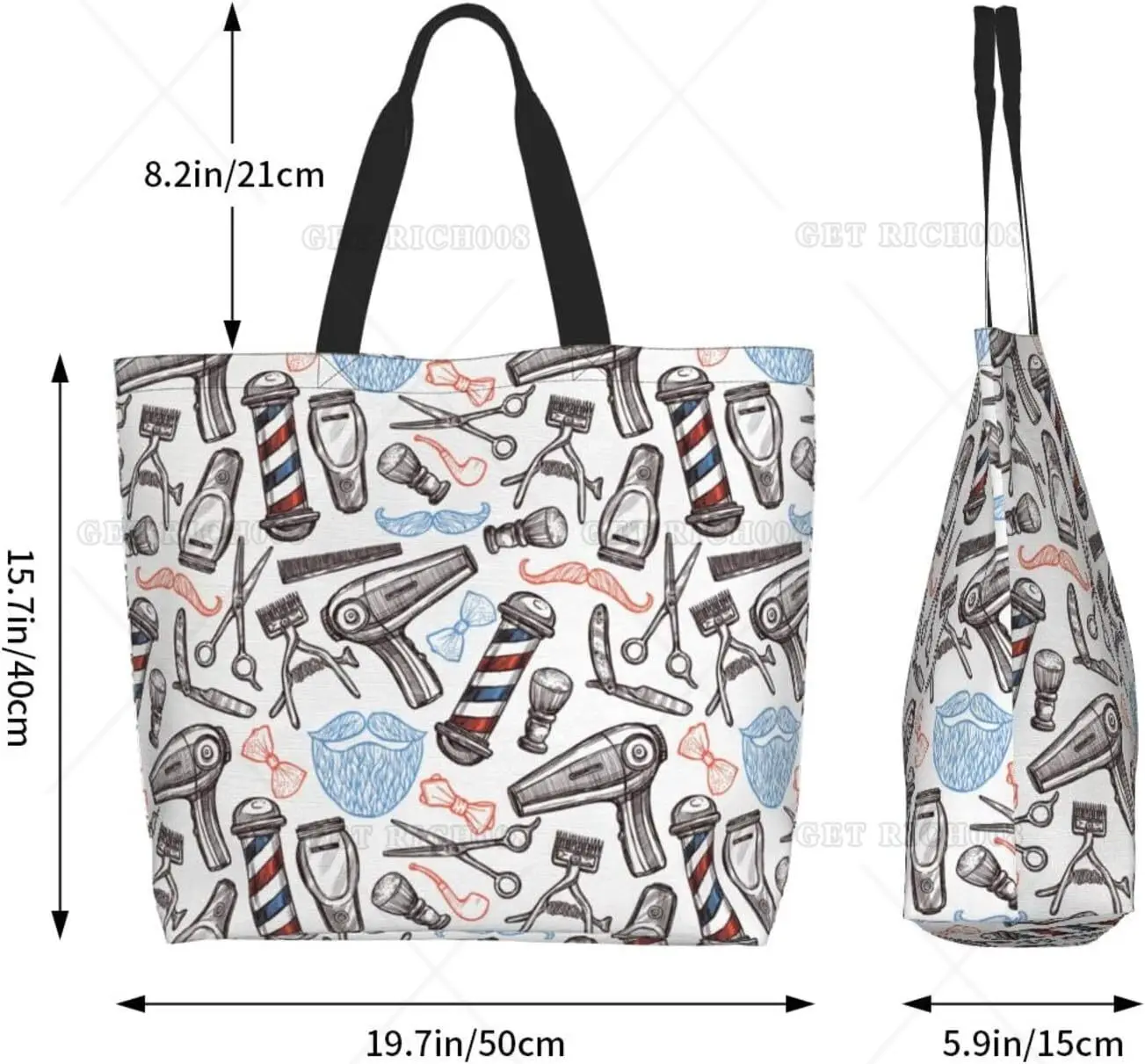 Barber Pattern Tote Bag Reusable Shopping Bags Fashion Shoulder Bag with Handles for Groceries Foldable Tote Bag One Size