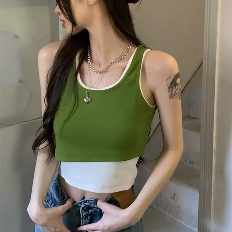 

Women Sporty Crop Top Outerwear Summer Trendy Green Strapless Short Tight Base Layer Shirt Casual Fake Two-piece O Neck T-shirt