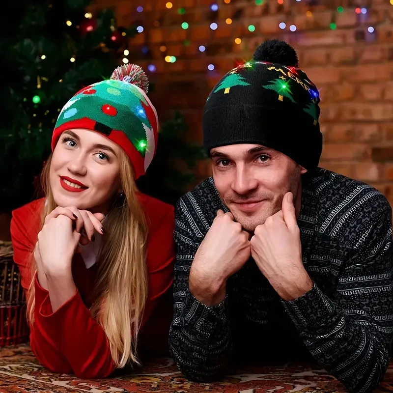1-5PCS Novelty Christmas LED Hat Knitted Beanie with Pom Pom and Switch Controlled Flashing Lights for Party Festival Decoration
