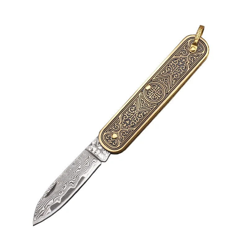 Damascus Steel Lockless Mini Folding Blade Knife Outdoor Camping Portable Pocket Knife Keychain Household Fruit Cutter with Bag