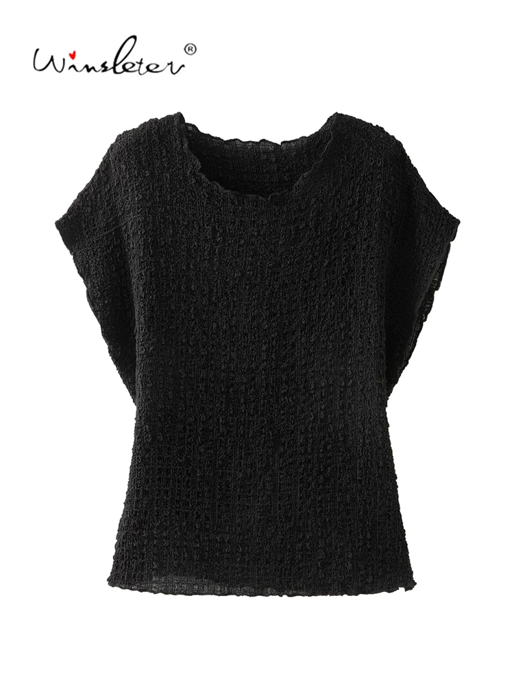 Winsleter-97%Silk 3%Spandex Bubble Crepe Elegant T-Shirt, O Neck Solid Folds, Women OL Commute Loose Top, 2026 Summer T67702CC