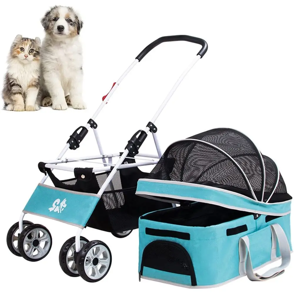 

4-колесная коляска для собак и кошек со съемным вкладышем, корзиной для хранения и сетчатыми окнами