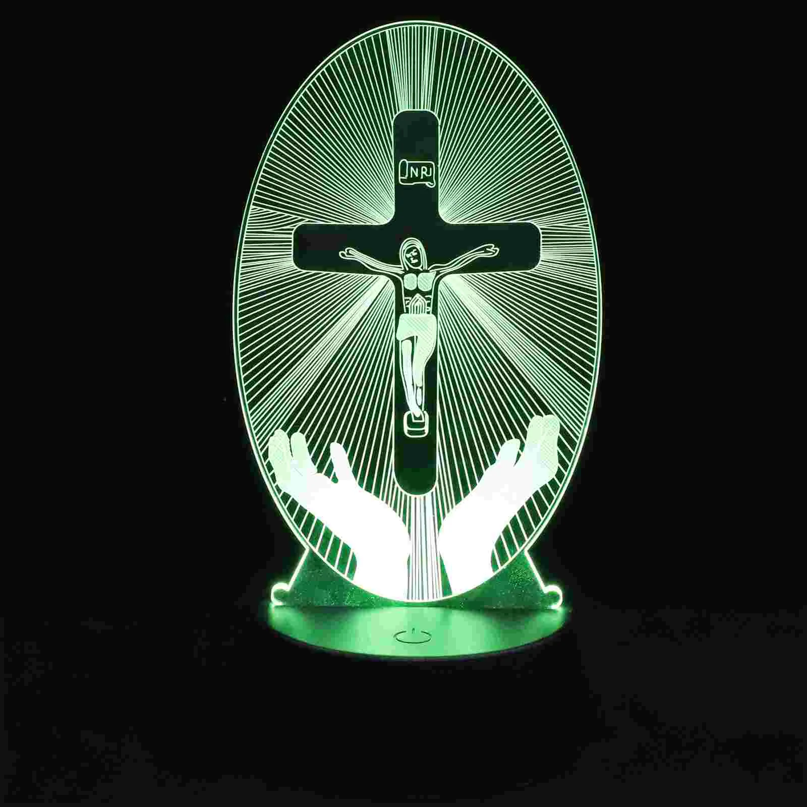 Night Cross Lamp Jesus 3D Acrylic Illusion Visualization Christ Lights Gift Christian Birthday Visual Hologram God Optical Table