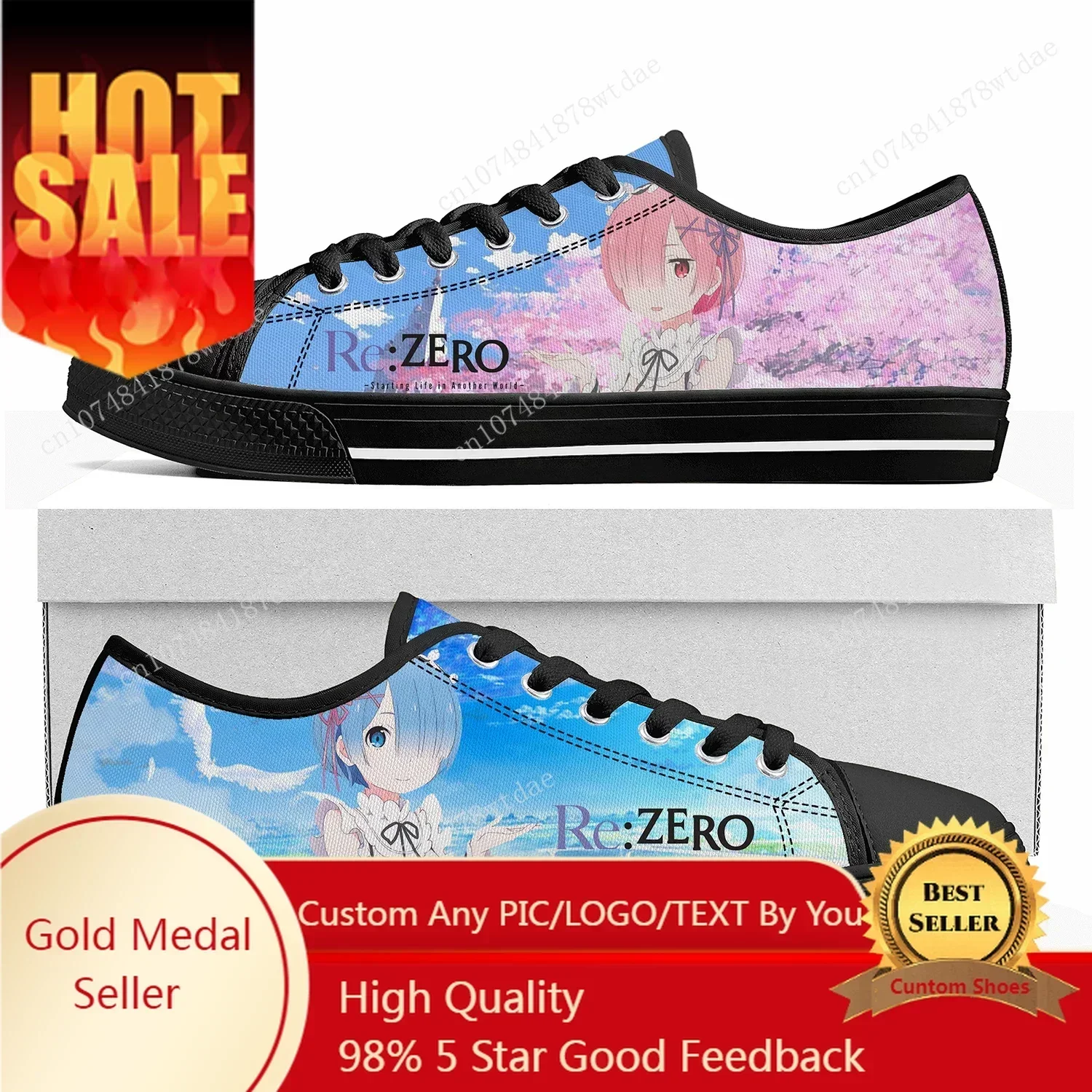 Rem Ram Low Top Sneakers Womens Mens Re:Zero High Quality Canvas Sneaker Casual Anime Manga Cartoon Customize Shoes