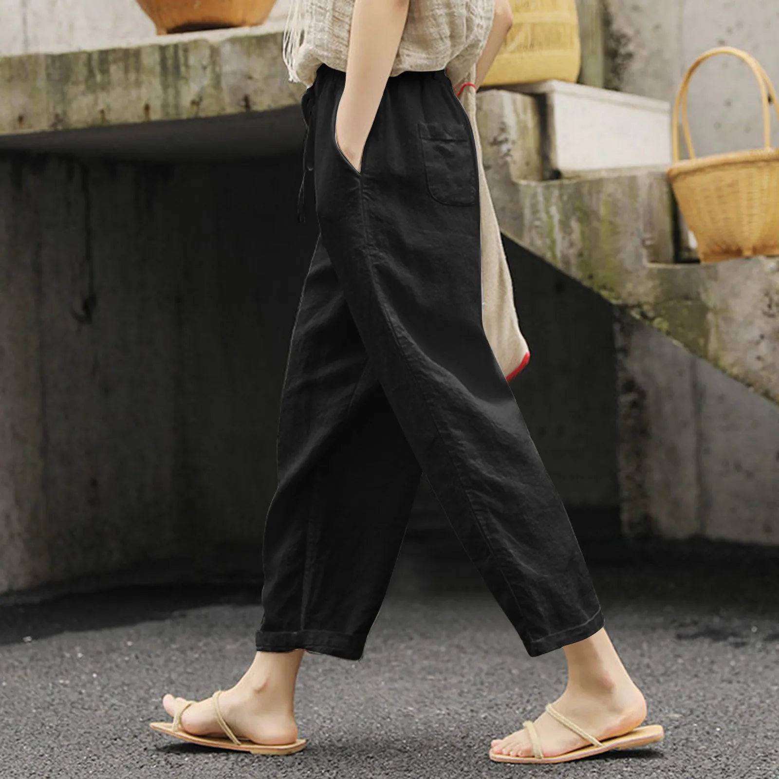 Summer Casual Thin Trousers Women Cotton Linen Solid Color Pockets Drawstring Pants Ladies Simple Street Elastic Waist Pants