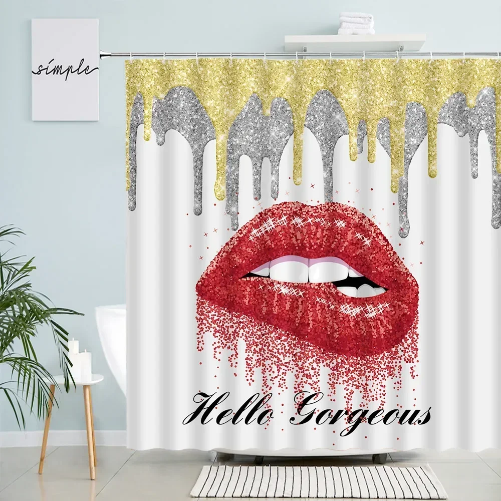 Hello Gorgeous Red Lips Shower Curtains Creative Design Fashion Art Woman Girl Bathroom Decor Bath Curtain Set Fabric with Hooks