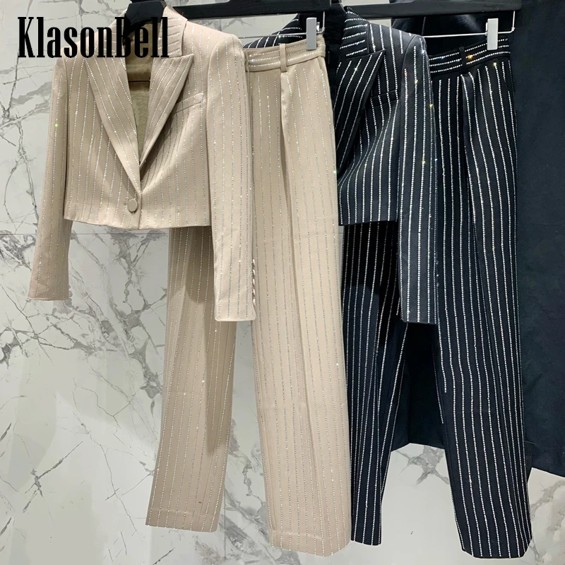 

3.18 KlasonBell Temperament Bling Crystal Diamond Wool Office Lady Suit Women Single Button Short Blazer Or Straight Pants Set