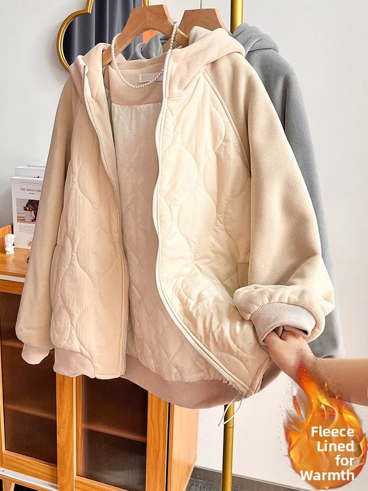 

Women's Hooded Patchwork down Cotton Jaet Winter Faion Loose Casual Thi Warm Baseball Vest Coat Zipper Closure Long Sve