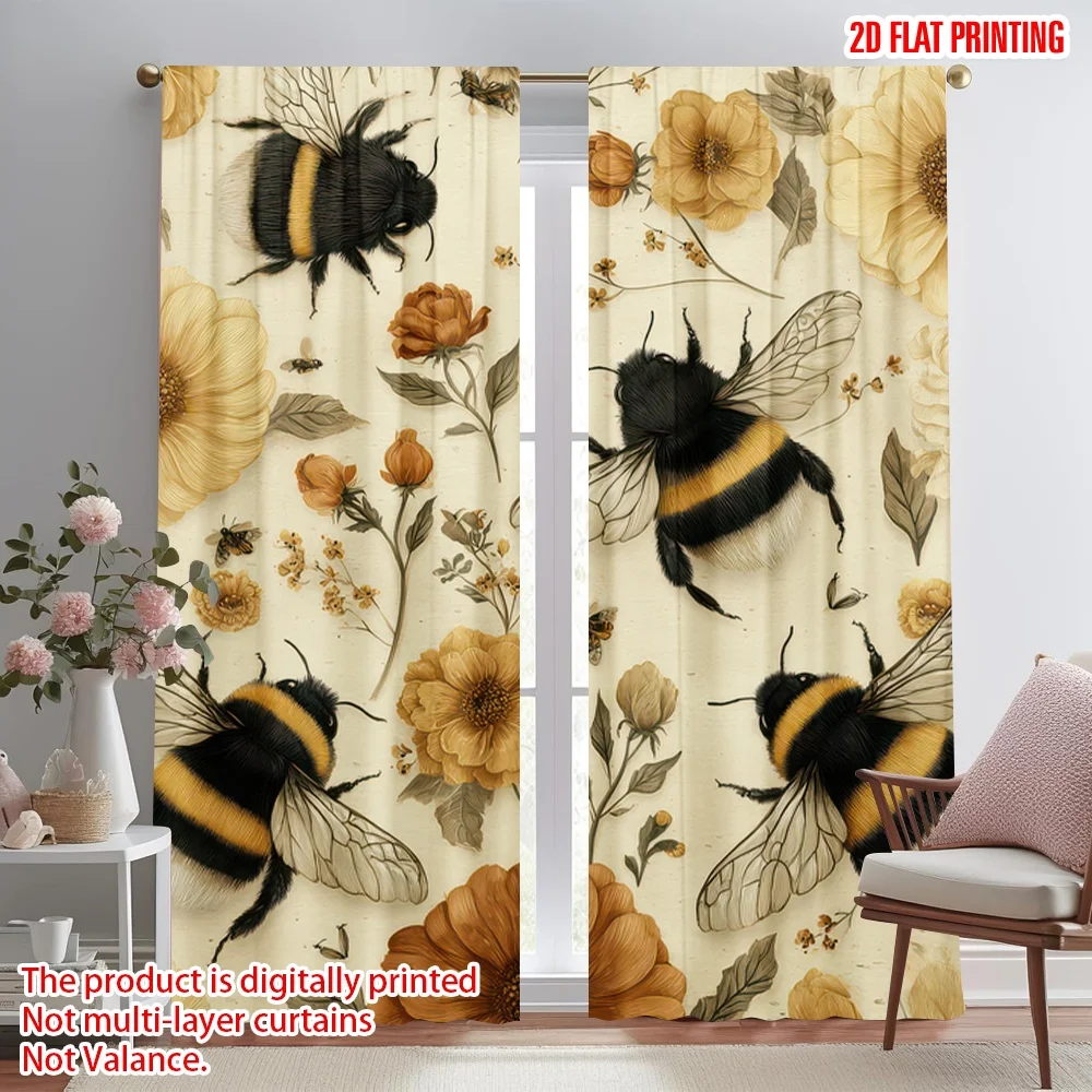 

2D flat printing 2pcs Party Curtain Springtime Bees and Blooms Digital Printed Polyester Drapes All Season Party & Holiday Decor