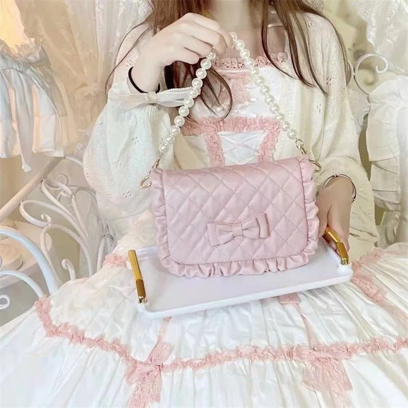 

Стеганая японская сумка на плечо в стиле Лолиты, женская женская сумка с жемчужной цепочкой, кошелек с бантом, большая вместительная сумка с плиссированной отделкой Kawai 2025