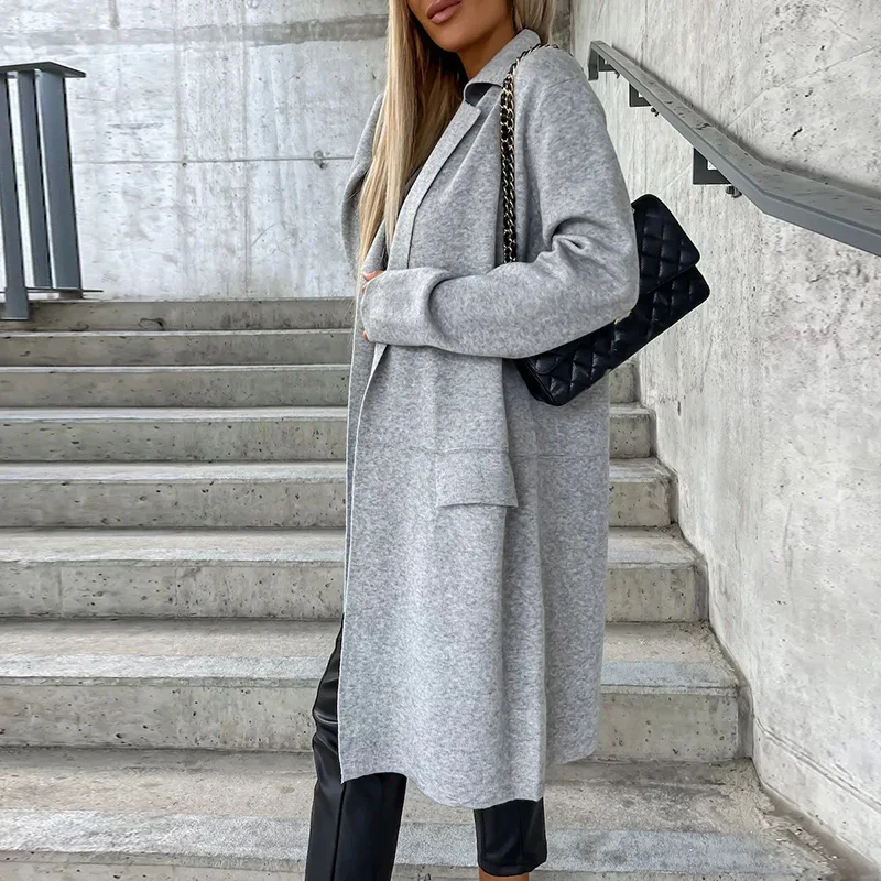 

Winter Elegant Loose Woolen Jacket Women Fashion Lapel Collar Solid Long Overcoat 2023 Casual Pockets Style Long Sleeve Cardigan