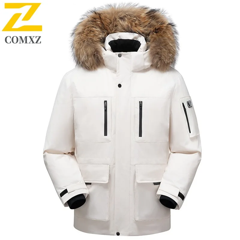 

COMXZ Winter Fluffy Down Jacket Men Casual Lightweight Warm Fur Collar Hooded Puffer Parka Snow Zipper Pure Color Cargo Jackets