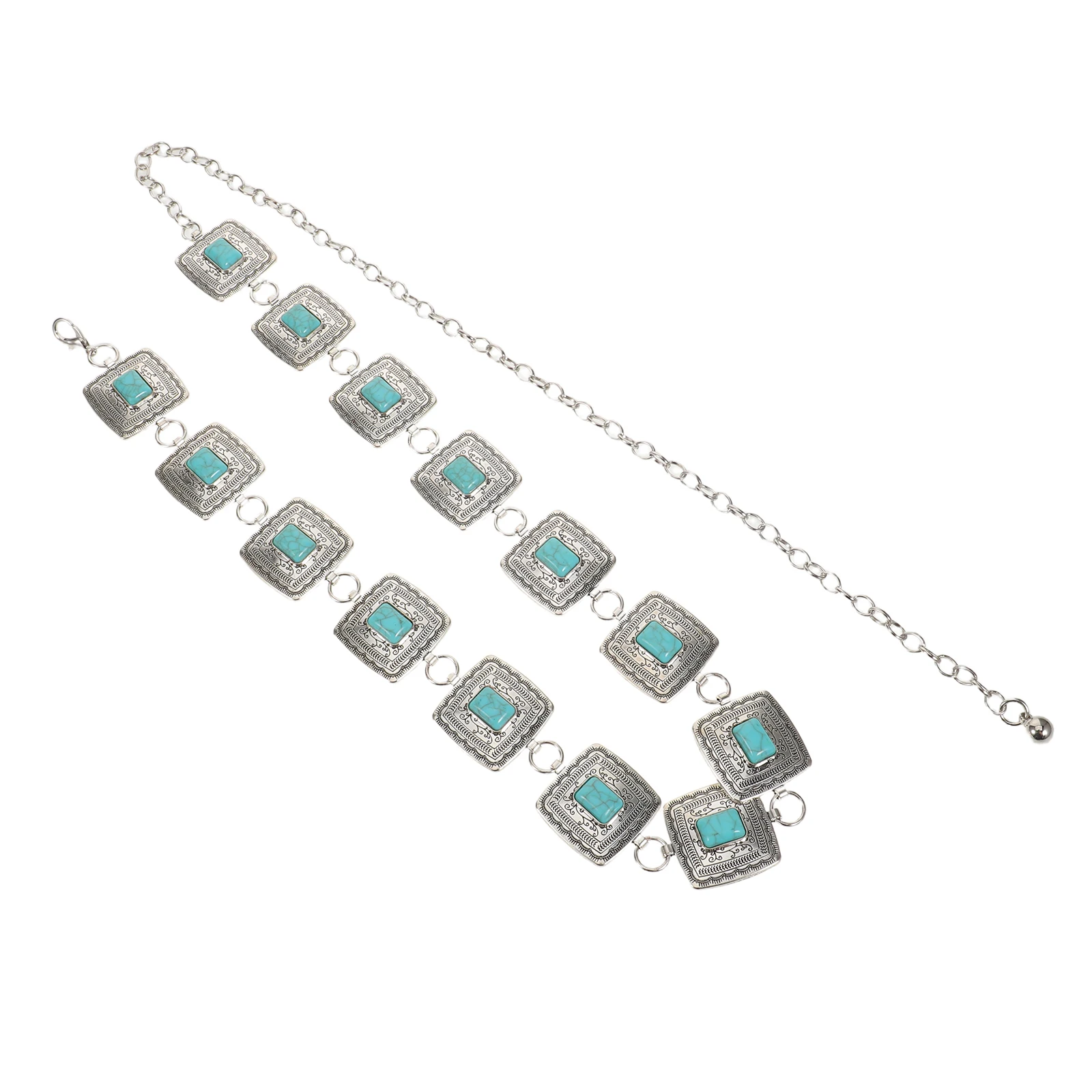 

Retro Waist Chain Turquoise Belts for Women Western Boho Sparkly Cube Body Chains Bohemian Cowgirl Square Metal