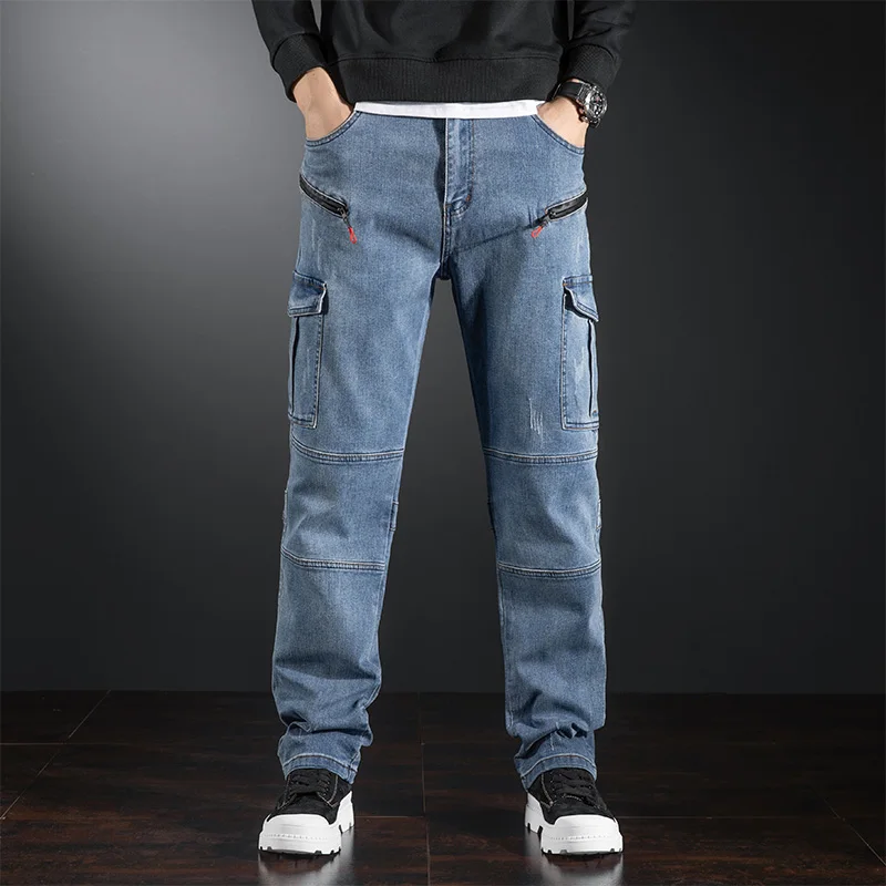 

Мужские джинсы с высокой талией и прямыми штанинами, осенняя новинка, модные брендовые брюки с пэчворком, рабочая одежда, смесь хлопка, полиэстера и спандекса